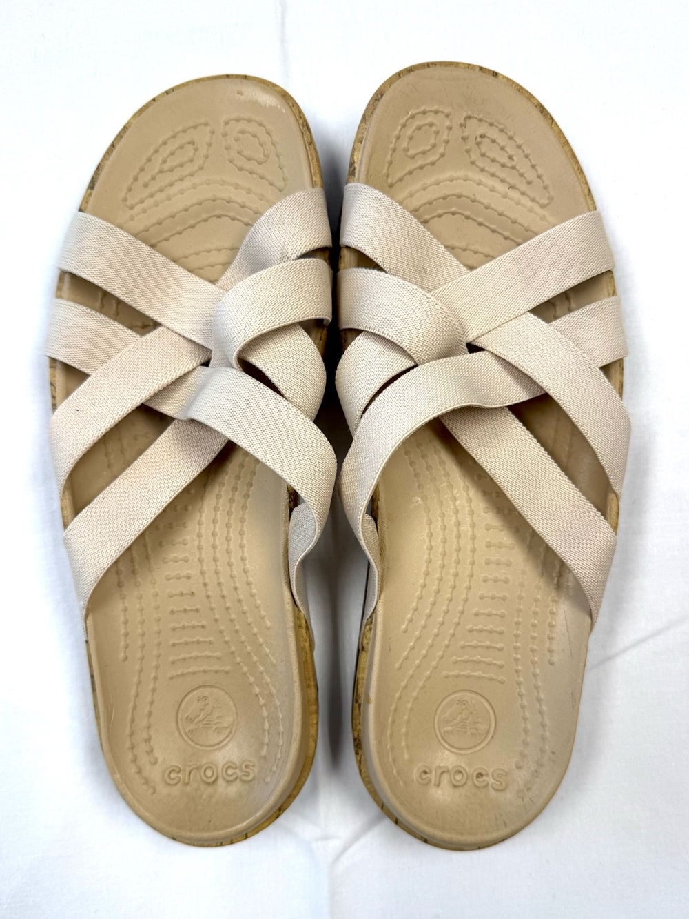 Crocs Women’s Beige Stretch Strap Comfort Slide Sandals Cork Look W8